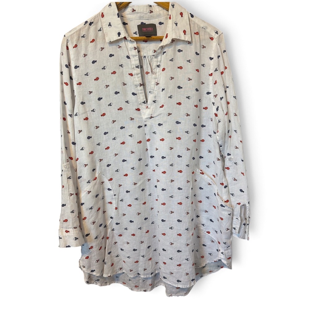 Forcynthia Beachwear White Linen Fish Print Tunic Top XL Red Navy Nautical Split